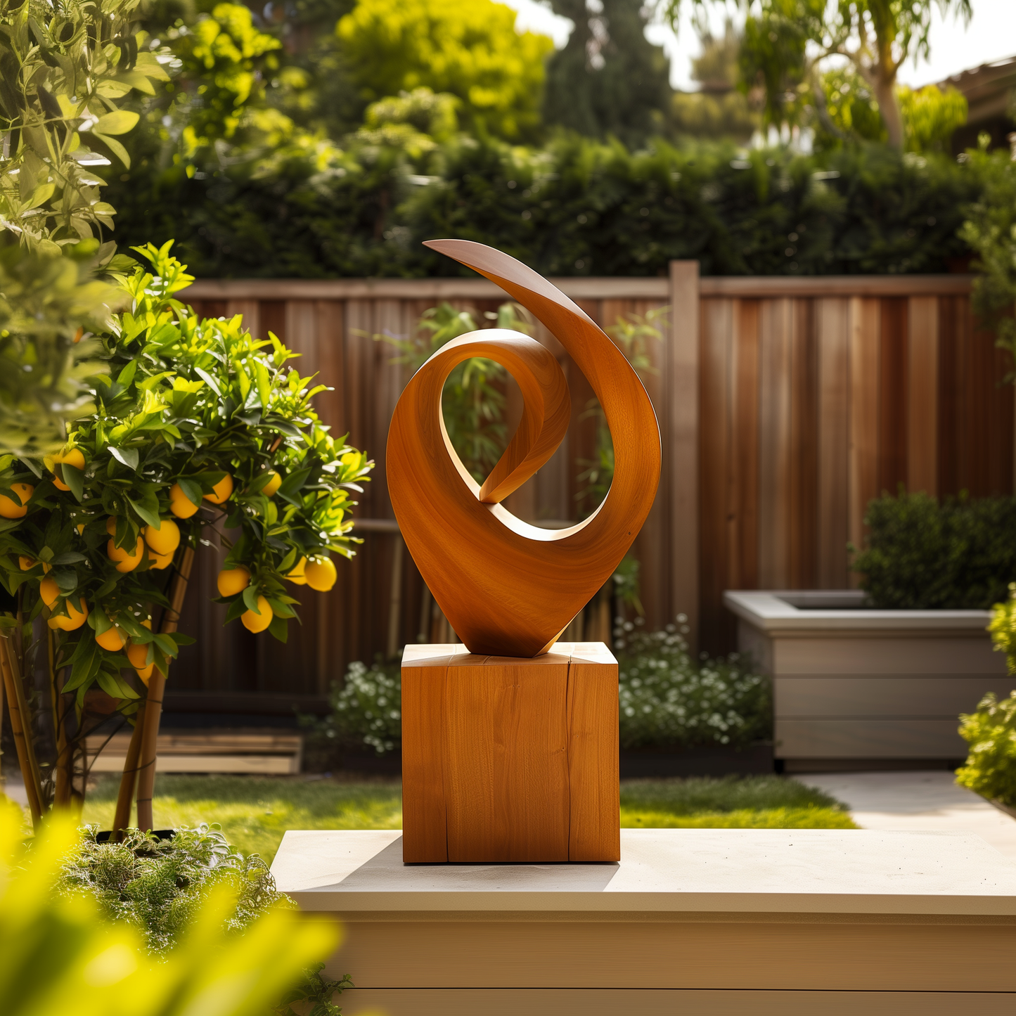Hand Carved Wooden Infinity Loop Sculpture, Abstract Spiral Flame Form, Large Outdoor Garden Statement Art, Modern Luxury Decor Gift