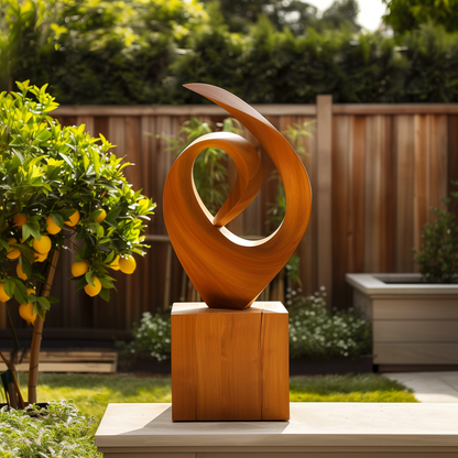 Hand Carved Wooden Infinity Loop Sculpture, Abstract Spiral Flame Form, Large Outdoor Garden Statement Art, Modern Luxury Decor Gift