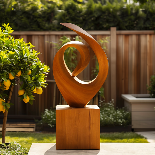 Hand Carved Wooden Infinity Loop Sculpture, Abstract Spiral Flame Form, Large Outdoor Garden Statement Art, Modern Luxury Decor Gift