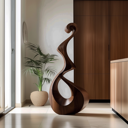 Tall Wooden Flame Infinity Sculpture Hand Carved Solid Wood Abstract Loop Modern Luxury Living Room Decor
