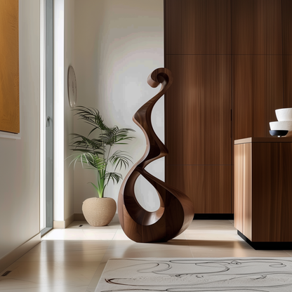 Tall Wooden Flame Infinity Sculpture Hand Carved Solid Wood Abstract Loop Modern Luxury Living Room Decor