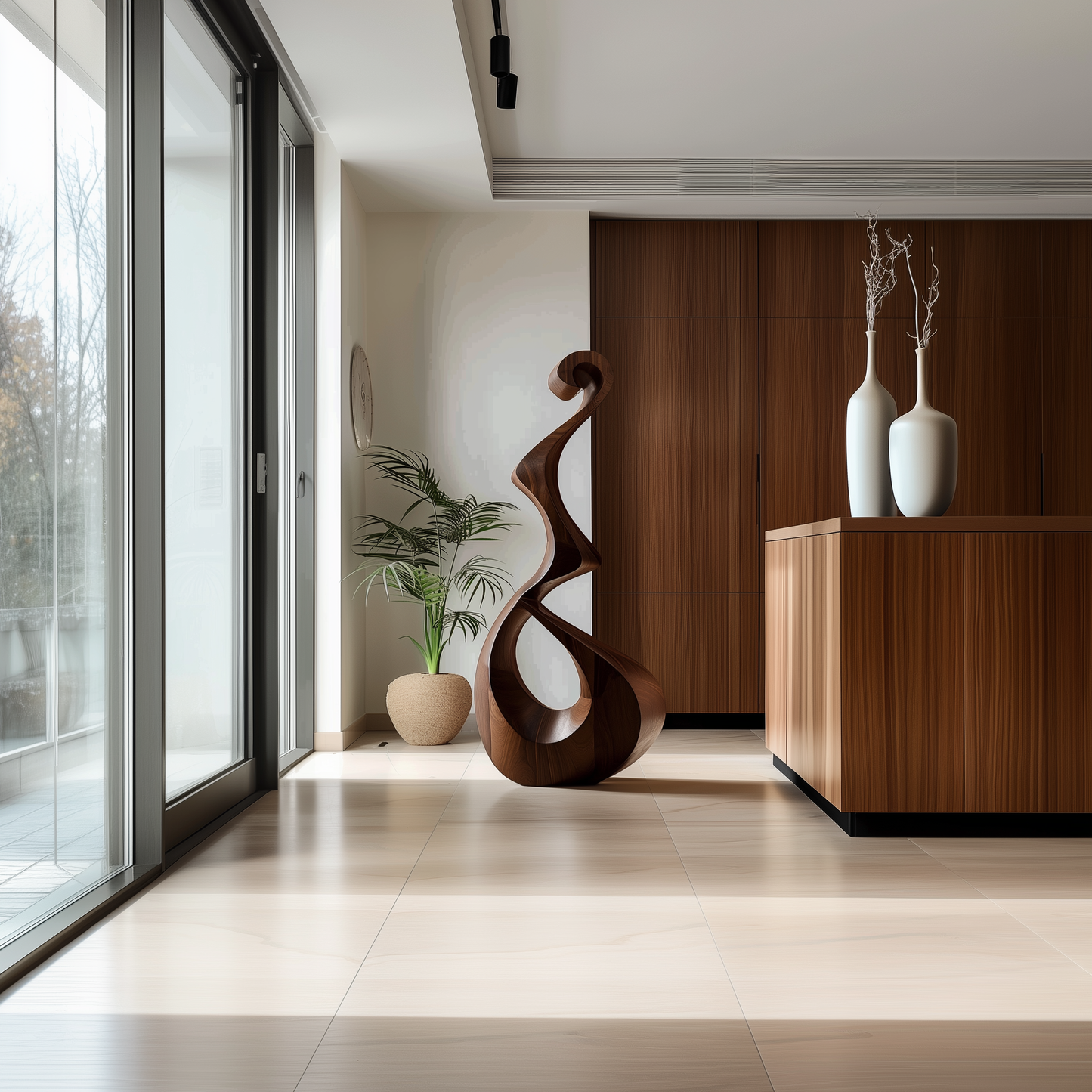 Tall Wooden Flame Infinity Sculpture Hand Carved Solid Wood Abstract Loop Modern Luxury Living Room Decor