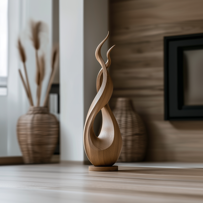 Tall Wooden Flame Spiral Sculpture Hand Carved Solid Wood Abstract Organic Modern Luxury Floor Home Decor