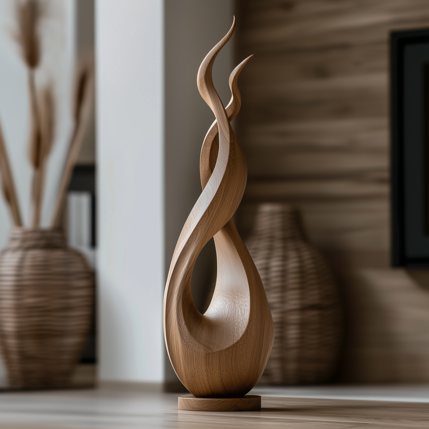 Tall Wooden Flame Spiral Sculpture Hand Carved Solid Wood Abstract Organic Modern Luxury Floor Home Decor