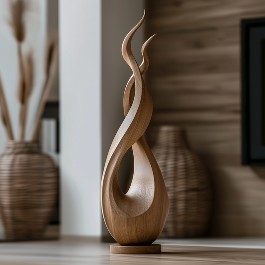 Tall Wooden Flame Spiral Sculpture Hand Carved Solid Wood Abstract Organic Modern Luxury Floor Home Decor