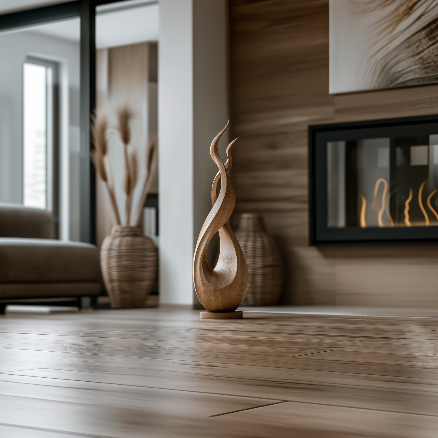 Tall Wooden Flame Spiral Sculpture Hand Carved Solid Wood Abstract Organic Modern Luxury Floor Home Decor