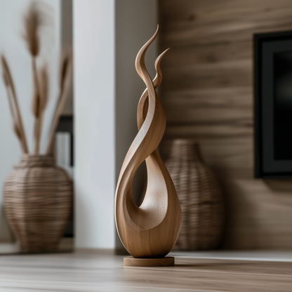 Tall Wooden Flame Spiral Sculpture Hand Carved Solid Wood Abstract Organic Modern Luxury Floor Home Decor