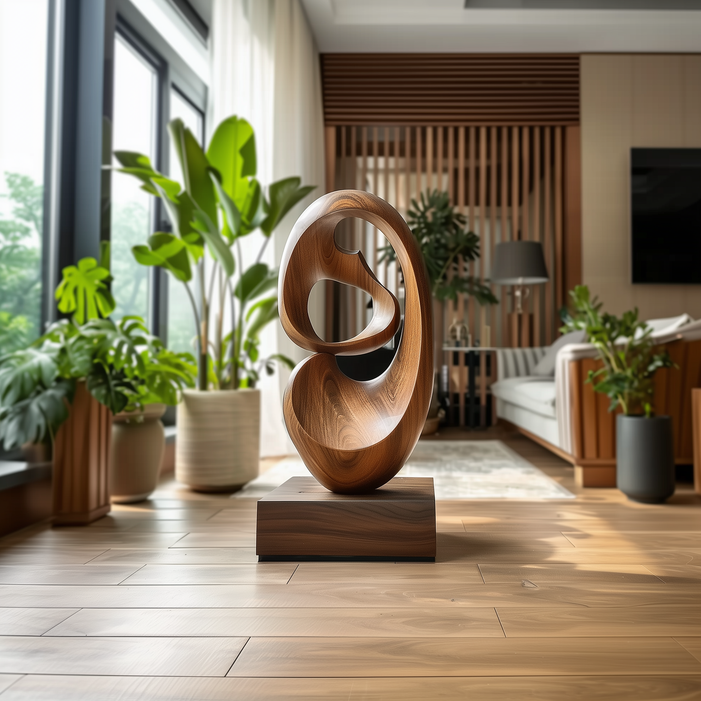 Modern Wooden Oval Flow Sculpture – Handmade Abstract Organic Loop Design | Solid Wood with Natural Grain Contemporary Floor Art Decor