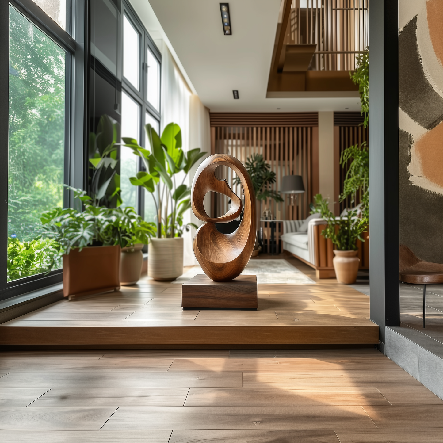 Modern Wooden Oval Flow Sculpture – Handmade Abstract Organic Loop Design | Solid Wood with Natural Grain Contemporary Floor Art Decor