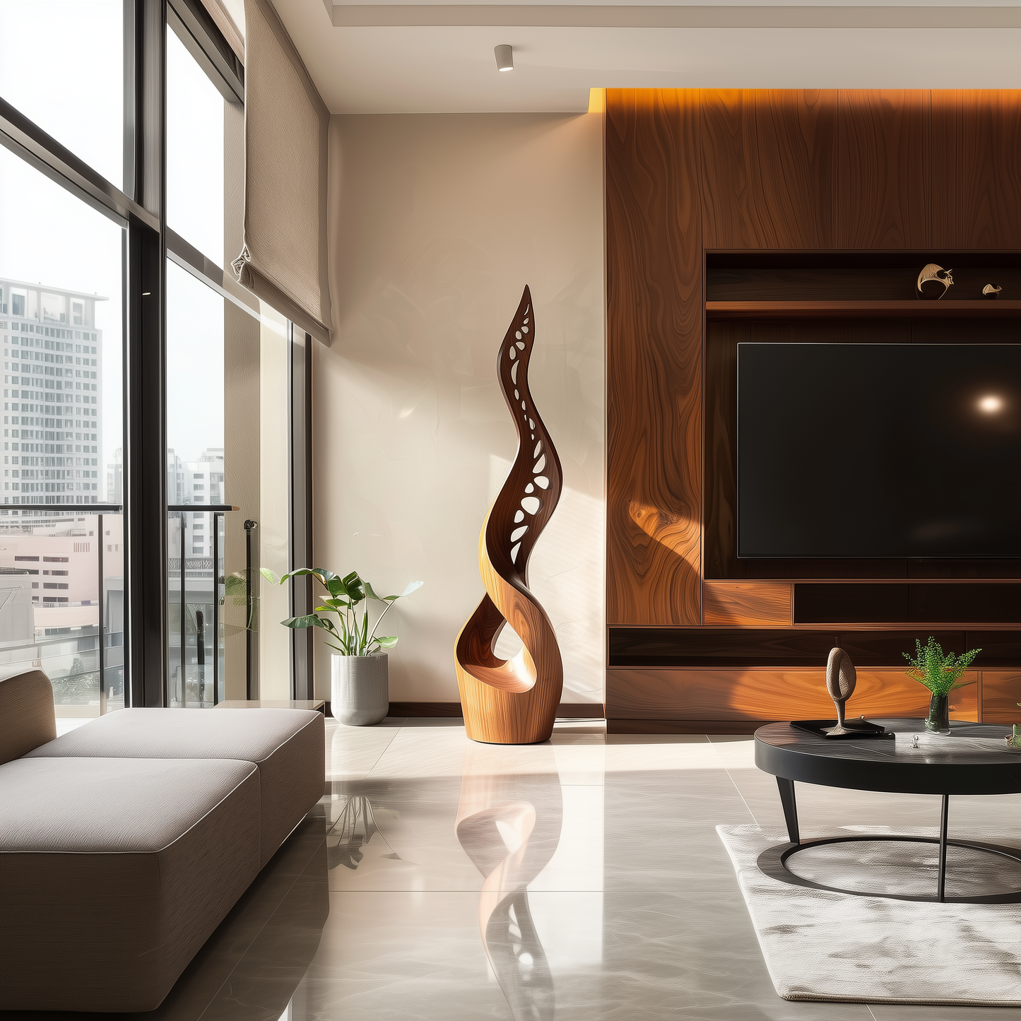 Tall Wooden Sculpture with Cutout Design – Handmade Modern Abstract Double Twist | Solid Wood Organic Carved Floor Art Home Decor