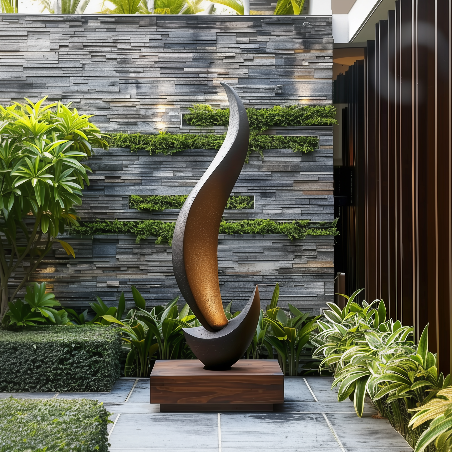 Tall Abstract Flame Sculpture, Modern Black Outdoor Garden Art, Hand Carved Wooden Statement Decor, Luxury Contemporary Yard Accent