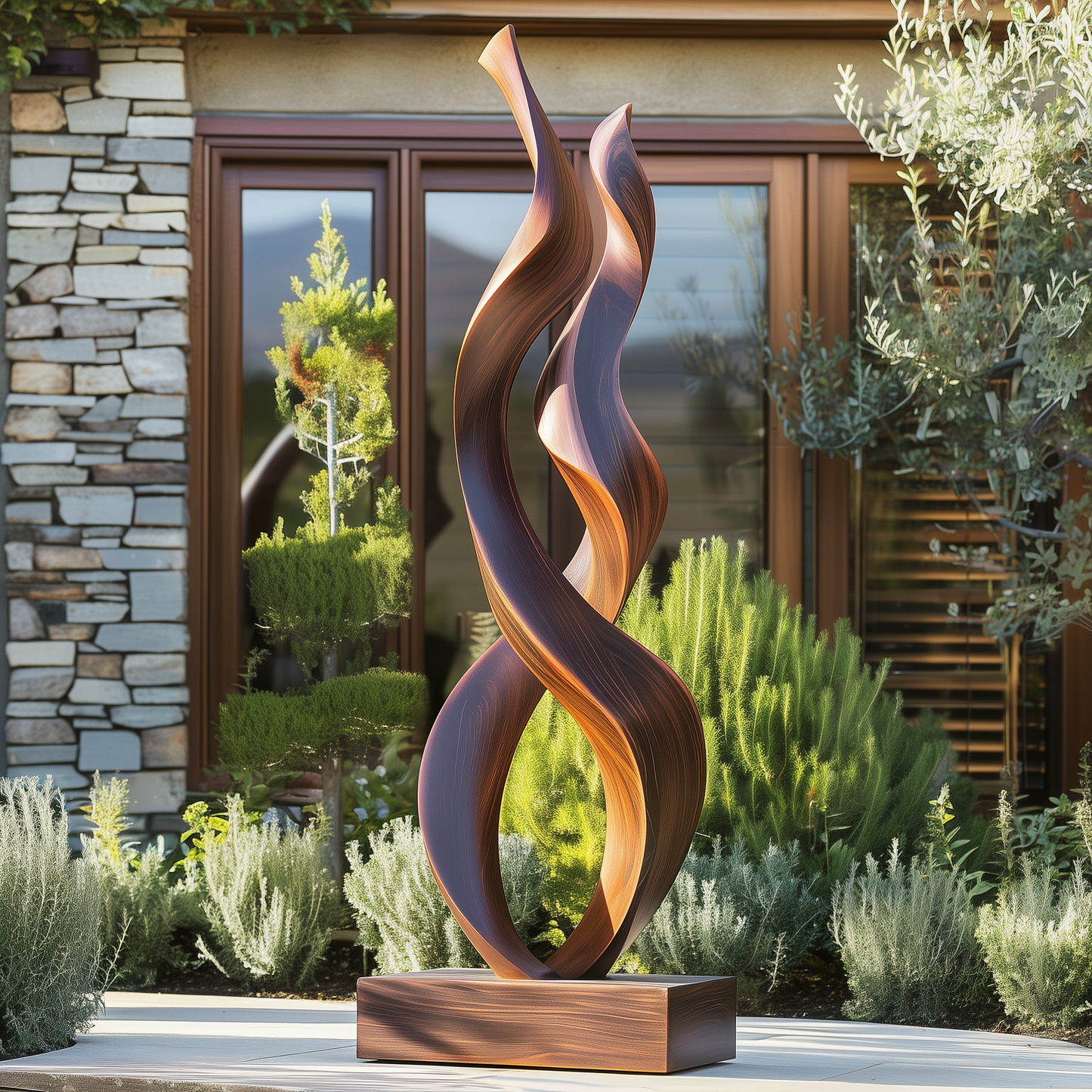 Tall Double Twist Wooden Sculpture – Handmade Modern Abstract Intertwined Design | Solid Wood with Polished Grain Outdoor Garden Decor