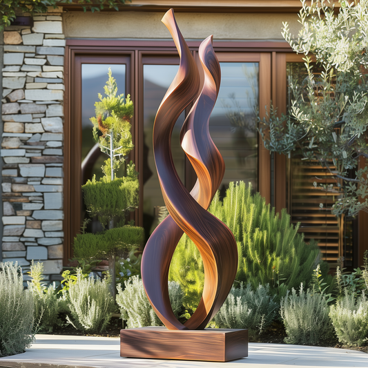 Tall Double Twist Wooden Sculpture – Handmade Modern Abstract Intertwined Design | Solid Wood with Polished Grain Outdoor Garden Decor