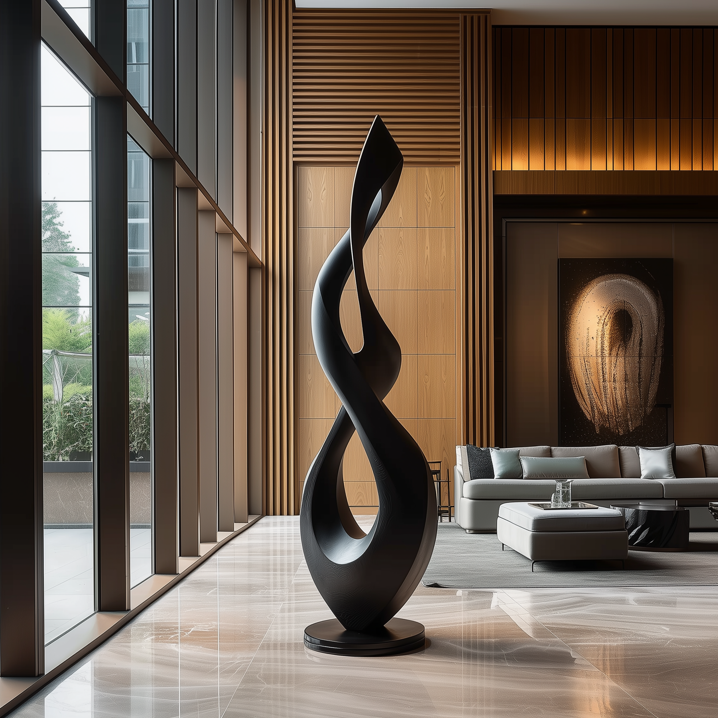 Hand Carved Black Infinity Flame Sculpture, Tall Abstract Twist Floor Art, Modern Luxury Statement Decor, Organic Minimalist Wood Form