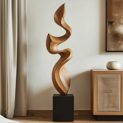 Hand Carved Wooden Flame Sculpture, Tall Abstract Spiral Infinity Form, Organic Modern Floor Art, Luxury Statement Home Decor