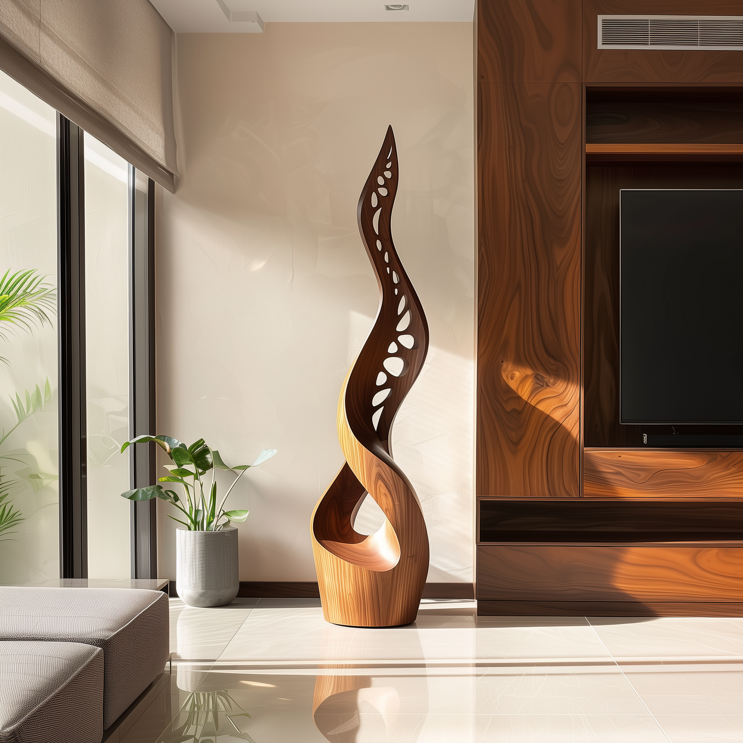 Tall Wooden Sculpture with Cutout Design – Handmade Modern Abstract Double Twist | Solid Wood Organic Carved Floor Art Home Decor