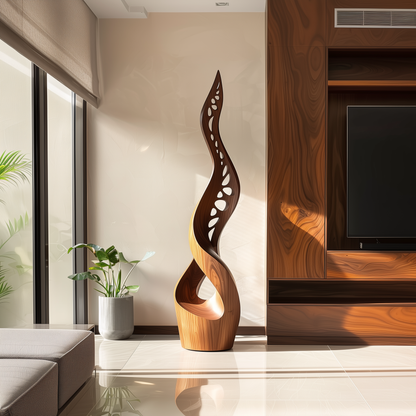 Tall Wooden Sculpture with Cutout Design – Handmade Modern Abstract Double Twist | Solid Wood Organic Carved Floor Art Home Decor