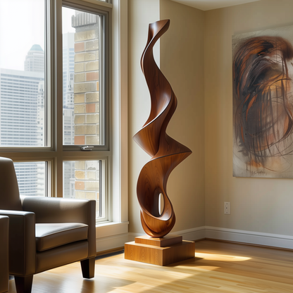 Hand Carved Tall Wooden Flame Twist Sculpture with Hollow Loop, Modern Abstract Floor Art, Luxury Statement Decor, Organic Wood Form