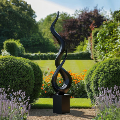 Tall Black Abstract Flame Twist Sculpture, Modern Infinity Outdoor Garden Art, Luxury Statement Yard Decor, Contemporary Floor Sculpture