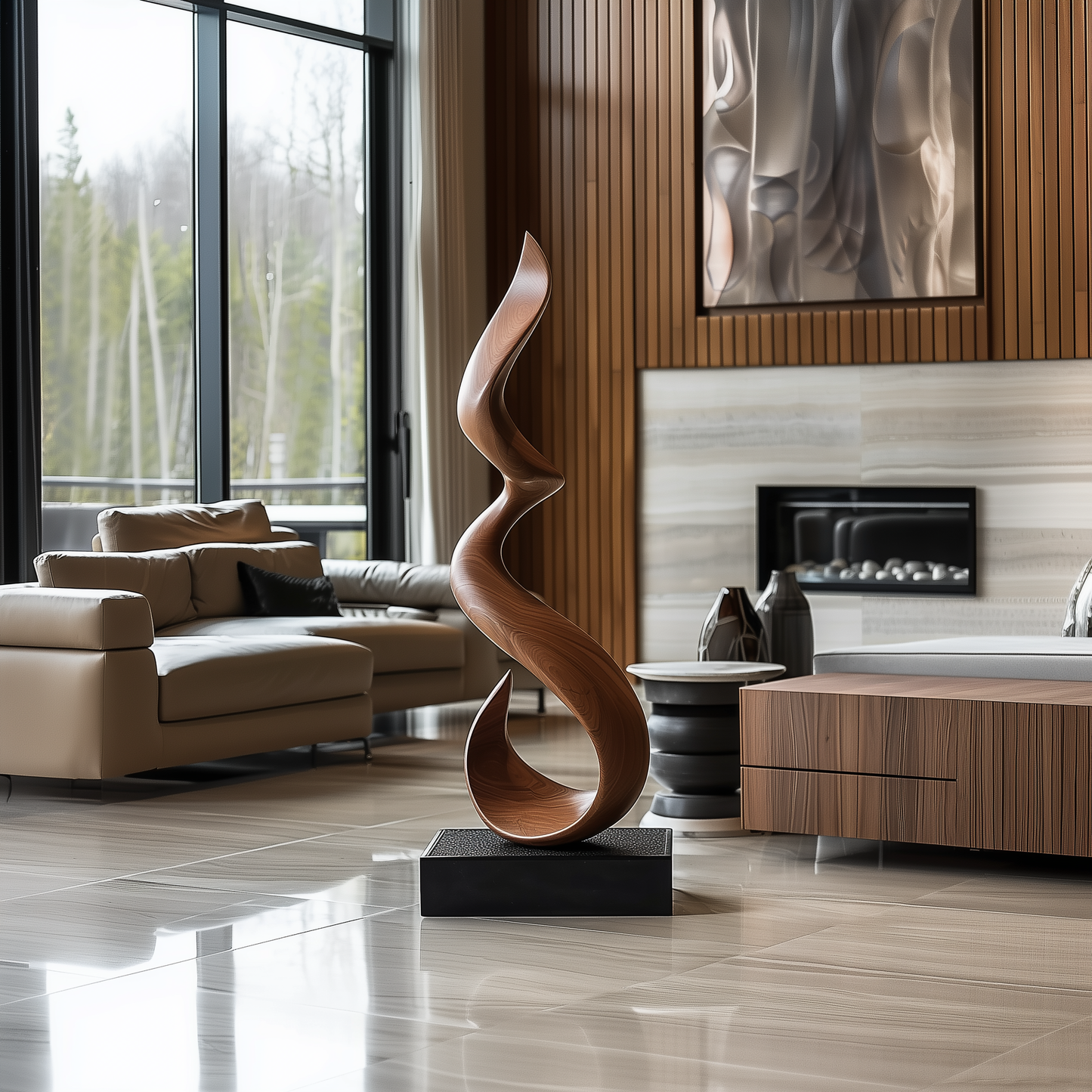 Tall Abstract Wooden Sculpture – Handmade Modern S-Shaped Flow Design | Solid Wood Contemporary Curved Art Floor Decor