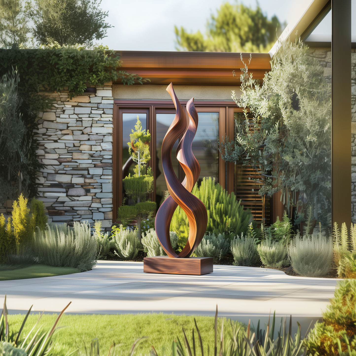 Tall Double Twist Wooden Sculpture – Handmade Modern Abstract Intertwined Design | Solid Wood with Polished Grain Outdoor Garden Decor