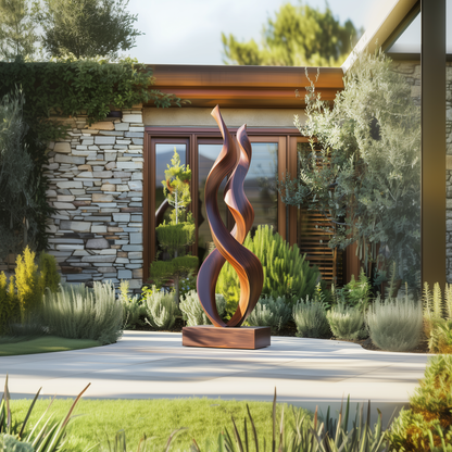 Tall Double Twist Wooden Sculpture – Handmade Modern Abstract Intertwined Design | Solid Wood with Polished Grain Outdoor Garden Decor