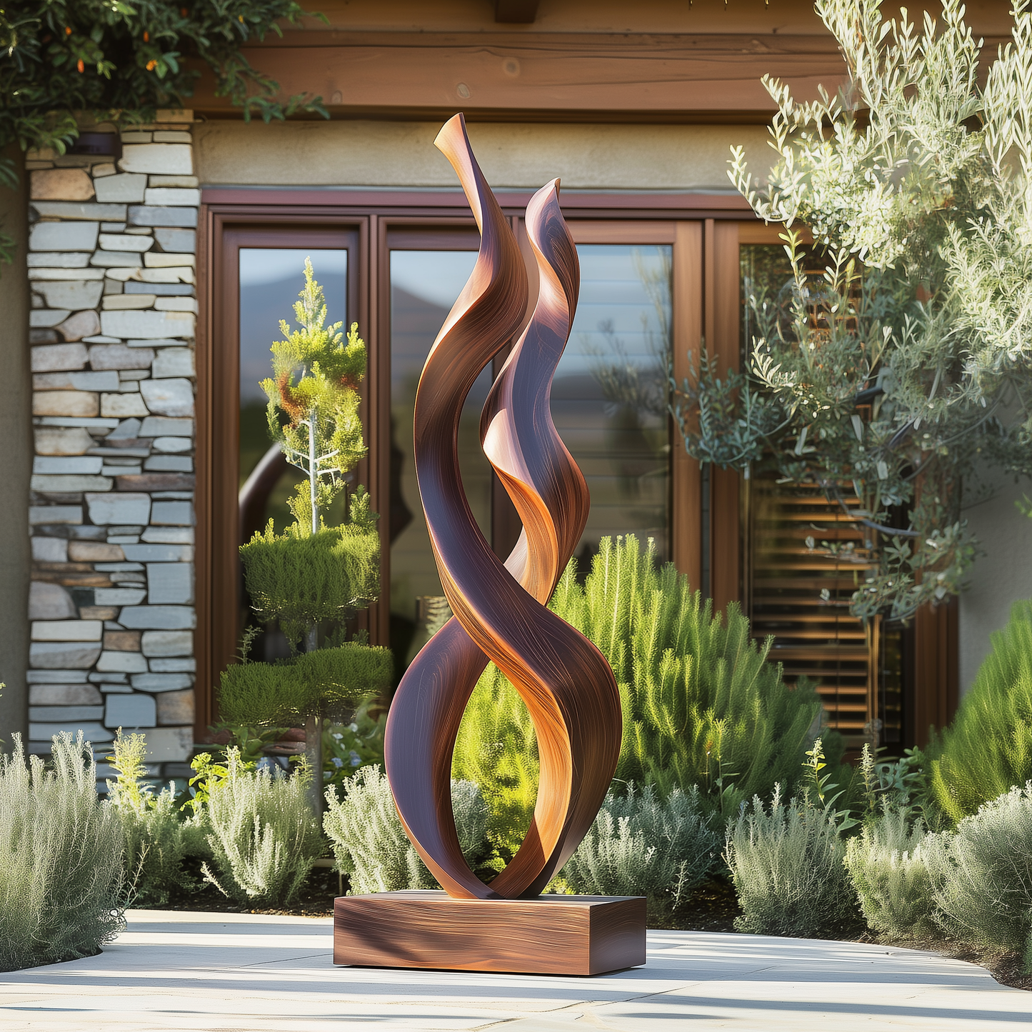 Tall Double Twist Wooden Sculpture – Handmade Modern Abstract Intertwined Design | Solid Wood with Polished Grain Outdoor Garden Decor