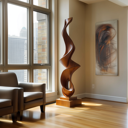 Hand Carved Tall Wooden Flame Twist Sculpture with Hollow Loop, Modern Abstract Floor Art, Luxury Statement Decor, Organic Wood Form