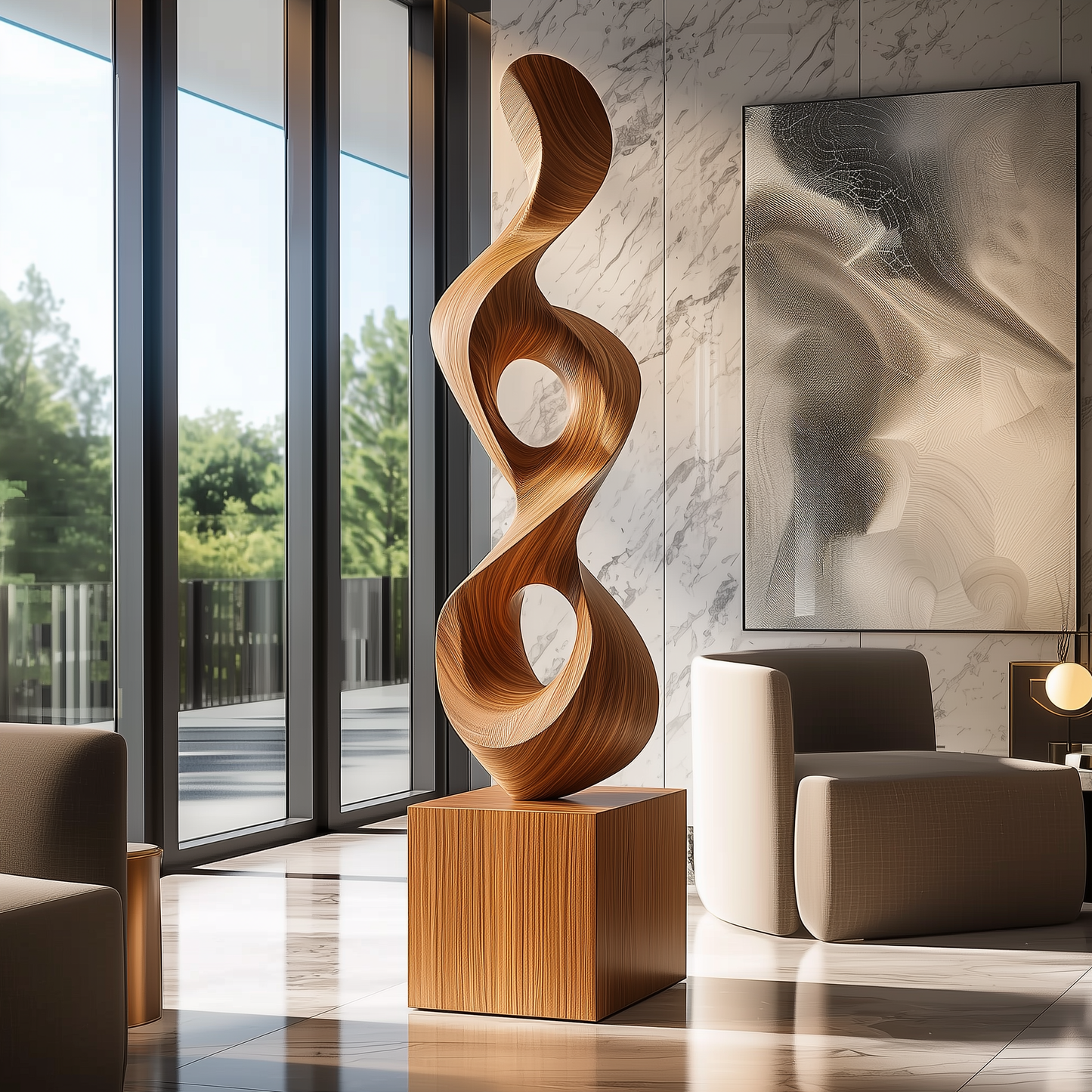Luxury Hand Carved Wooden Infinity Sculpture, Tall Abstract Spiral Wood Art, Modern Statement Floor Decor, Solid Wood Contemporary Sculpture