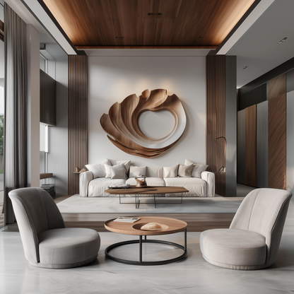 Hand-Carved Wooden Spiral Wave Wall Sculpture, Large 3D Abstract Hollow Circle Art, Modern Organic Luxury Statement Home Decor