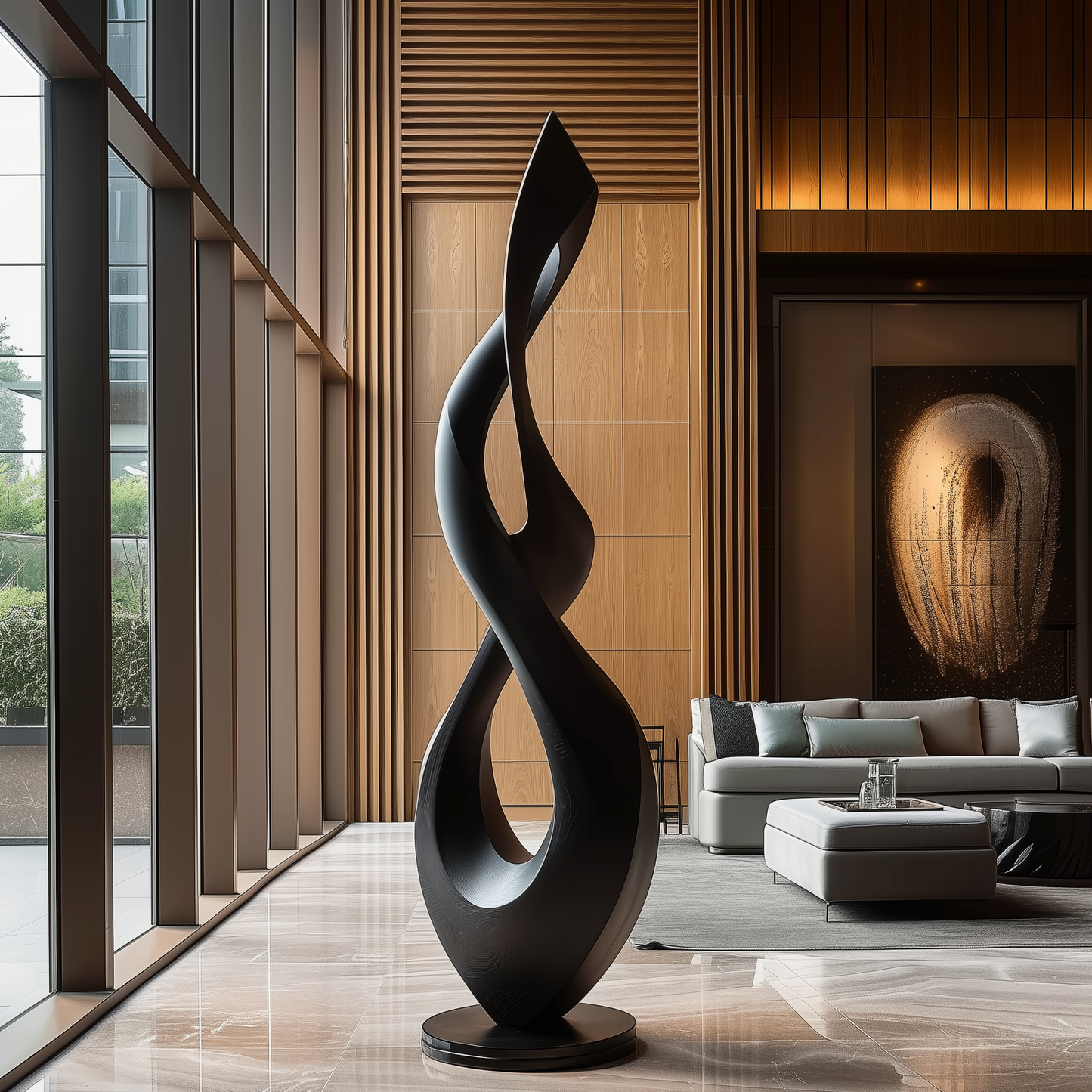 Hand Carved Black Infinity Flame Sculpture, Tall Abstract Twist Floor Art, Modern Luxury Statement Decor, Organic Minimalist Wood Form