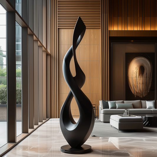 Hand Carved Black Infinity Flame Sculpture, Tall Abstract Twist Floor Art, Modern Luxury Statement Decor, Organic Minimalist Wood Form