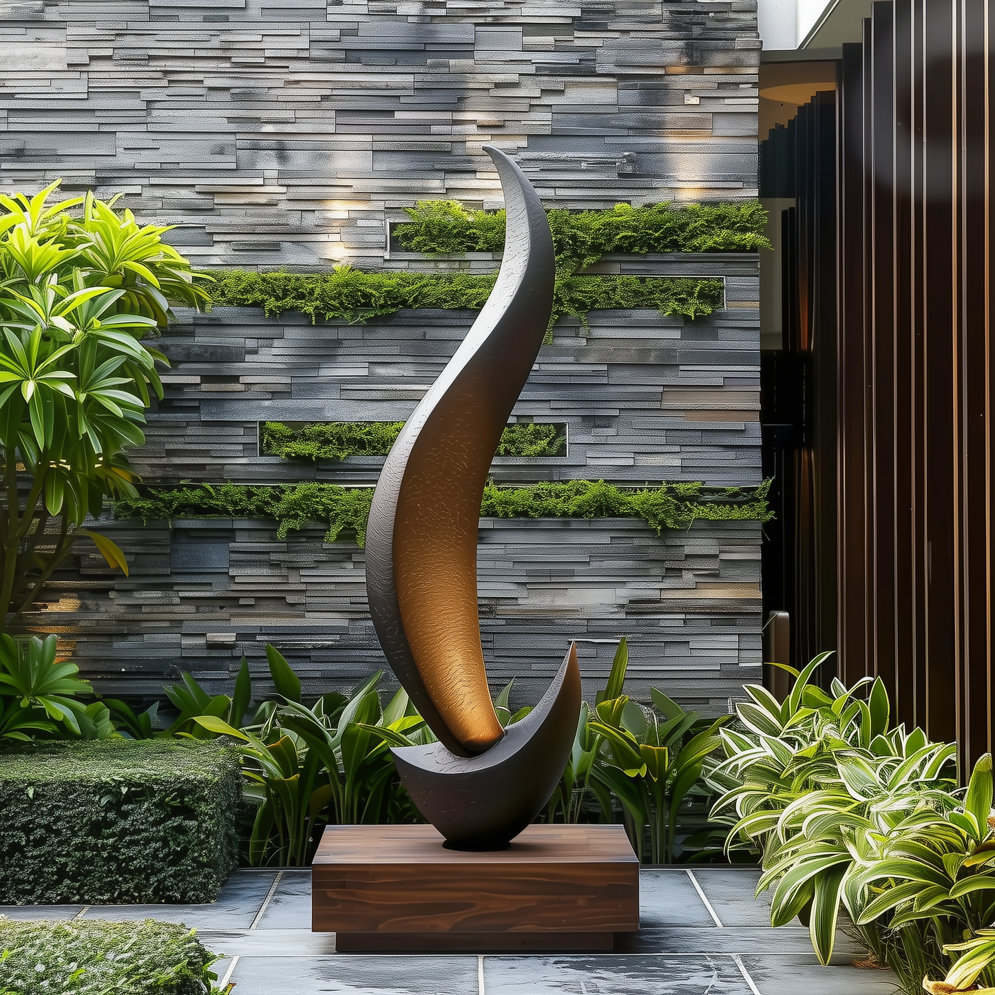 Tall Abstract Flame Sculpture, Modern Black Outdoor Garden Art, Hand Carved Wooden Statement Decor, Luxury Contemporary Yard Accent