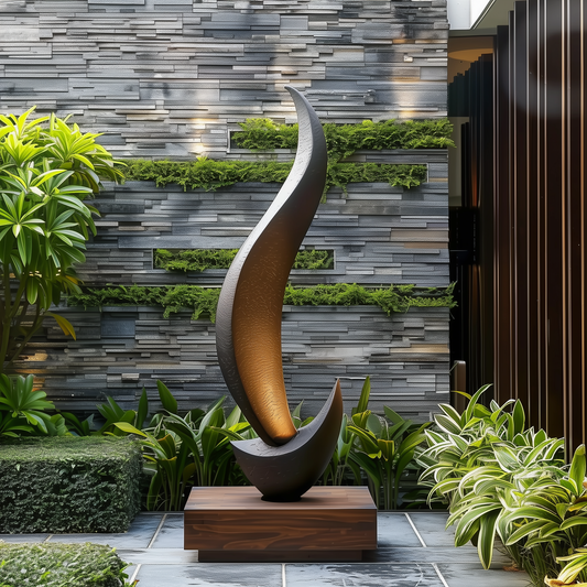 Tall Abstract Flame Sculpture, Modern Black Outdoor Garden Art, Hand Carved Wooden Statement Decor, Luxury Contemporary Yard Accent