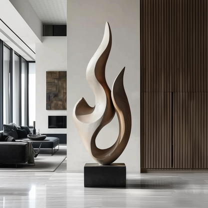 Hand Carved Abstract Wooden Flame Sculpture, Modern Two Tone Organic Twist Art, Luxury Large Statement Floor Decor, Contemporary Wood Artwork