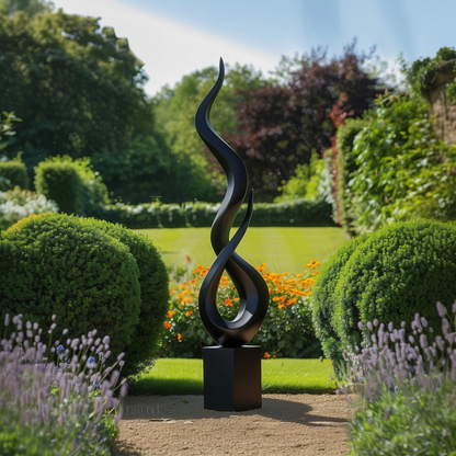 Tall Black Abstract Flame Twist Sculpture, Modern Infinity Outdoor Garden Art, Luxury Statement Yard Decor, Contemporary Floor Sculpture