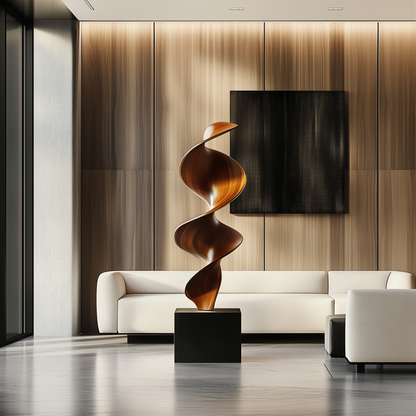 Tall Spiral Wave Wooden Sculpture – Handmade Modern Abstract Layered Twist | Solid Wood Polished Floor Art Contemporary Home Decor
