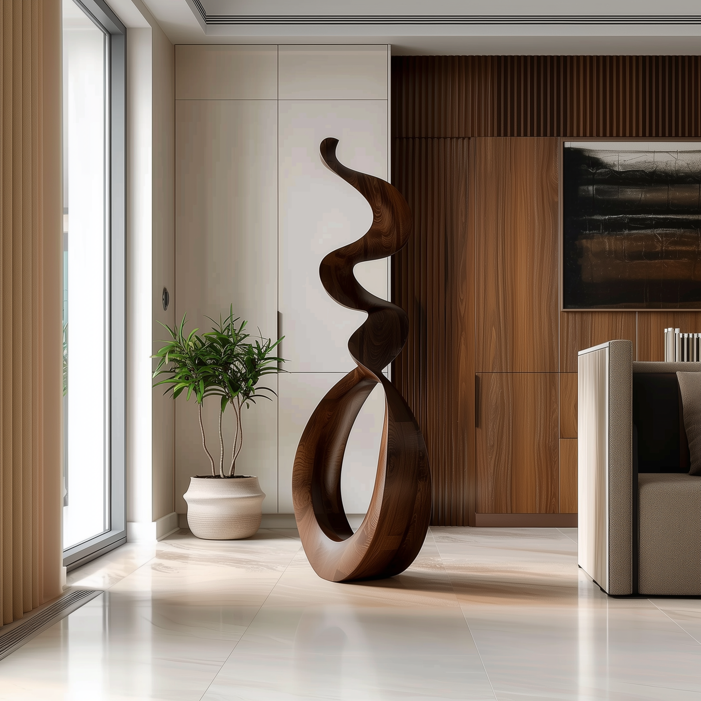 Tall Wooden Flame Spiral Sculpture Hand Carved Solid Wood Abstract Infinity Loop Modern Luxury Home Decor