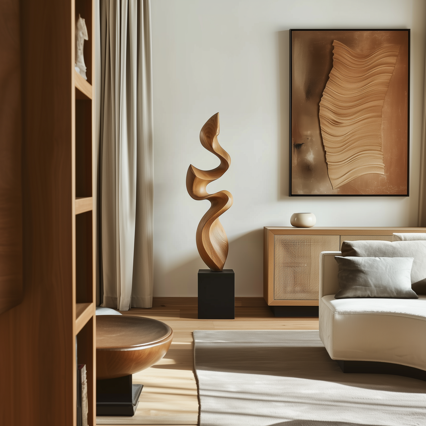 Hand Carved Wooden Flame Sculpture, Tall Abstract Spiral Infinity Form, Organic Modern Floor Art, Luxury Statement Home Decor