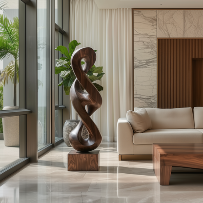 Hand Carved Infinity Twist Wood Sculpture, Abstract Mobius Loop Floor Art, Modern Organic Statement Decor, Luxury Minimalist Entryway Piece