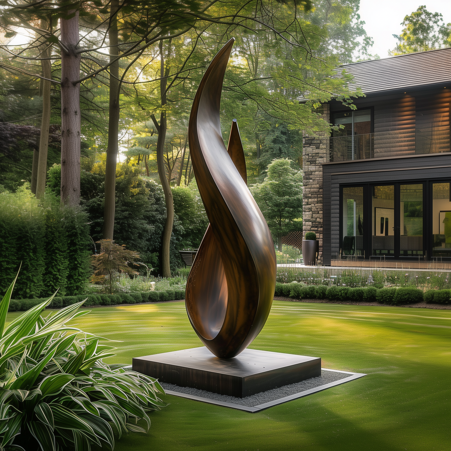Large Abstract Flame Twist Wooden Sculpture, Modern Outdoor Garden Statement Art, Hand Carved Solid Wood Monument Decor