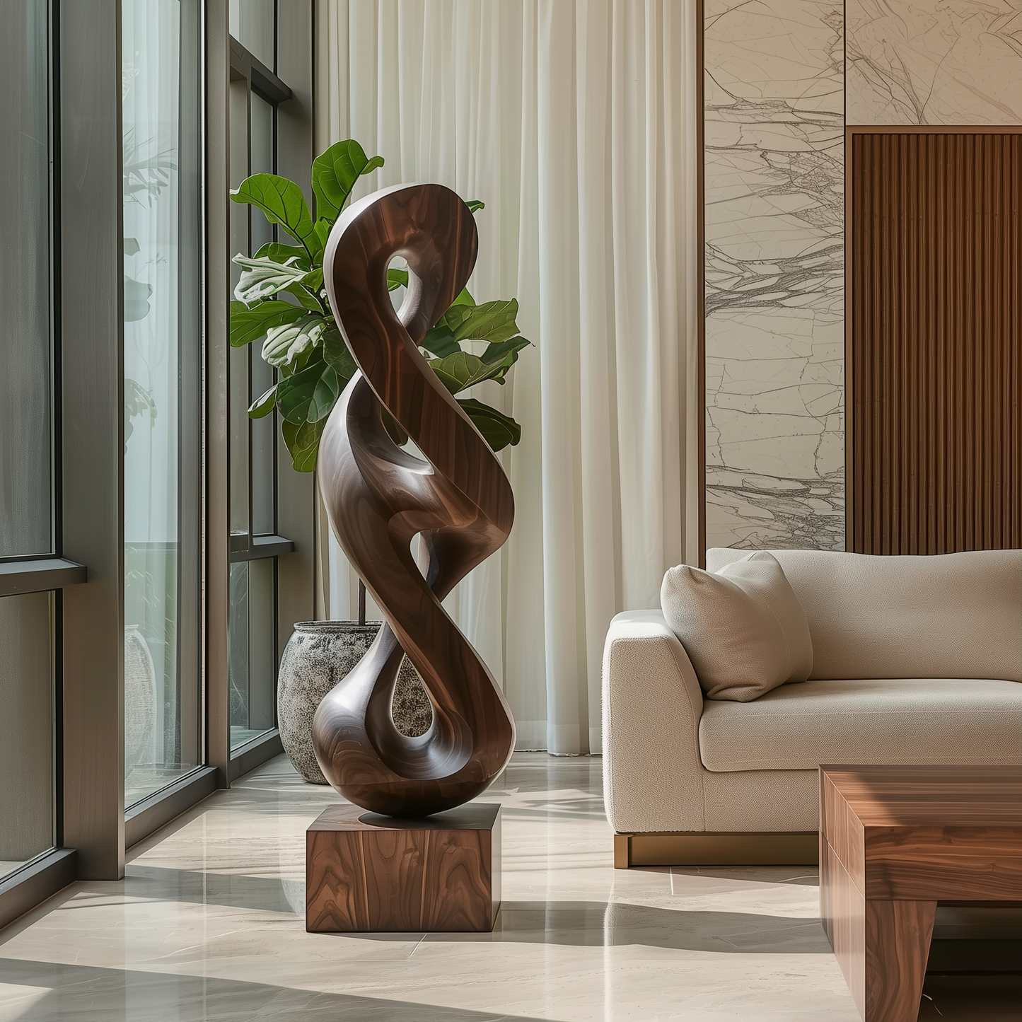 Hand Carved Infinity Twist Wood Sculpture, Abstract Mobius Loop Floor Art, Modern Organic Statement Decor, Luxury Minimalist Entryway Piece
