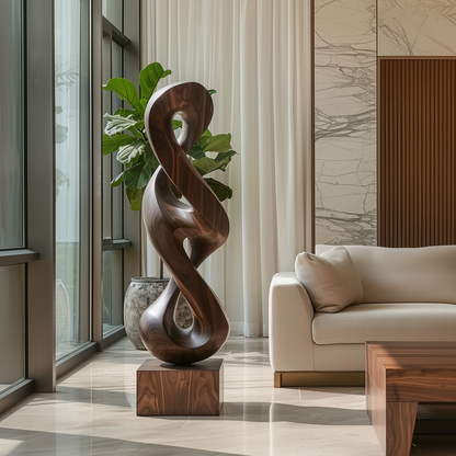 Hand Carved Infinity Twist Wood Sculpture, Abstract Mobius Loop Floor Art, Modern Organic Statement Decor, Luxury Minimalist Entryway Piece