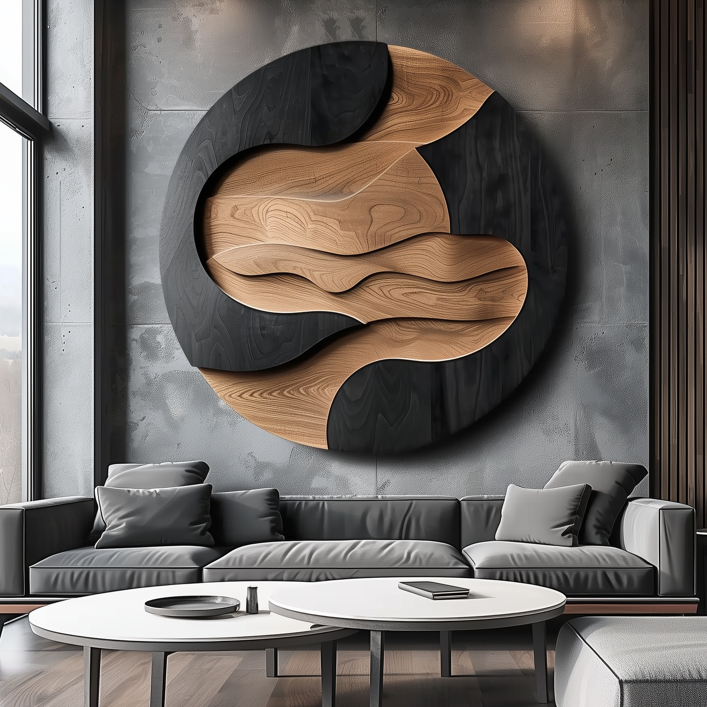 Large Round Wooden Wall Sculpture, Layered Wave Carving, Black & Natural Wood Modern Abstract Wall Art, Luxury Statement Decor