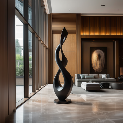 Hand Carved Black Infinity Flame Sculpture, Tall Abstract Twist Floor Art, Modern Luxury Statement Decor, Organic Minimalist Wood Form