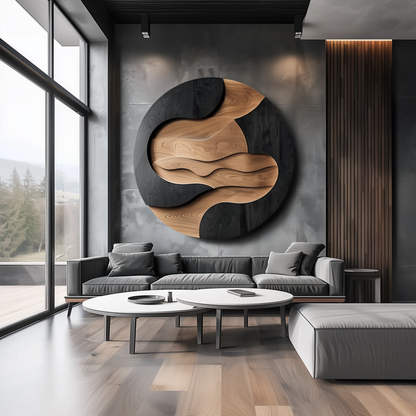 Large Round Wooden Wall Sculpture, Layered Wave Carving, Black & Natural Wood Modern Abstract Wall Art, Luxury Statement Decor