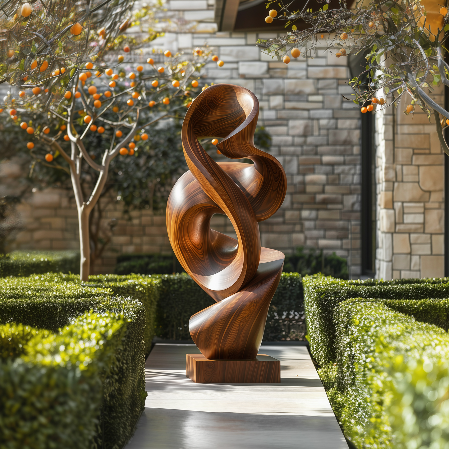 Large Abstract Wooden Sculpture – Handmade Modern Twisted Loop Design | Solid Wood Polished Outdoor Garden Art Contemporary Decor