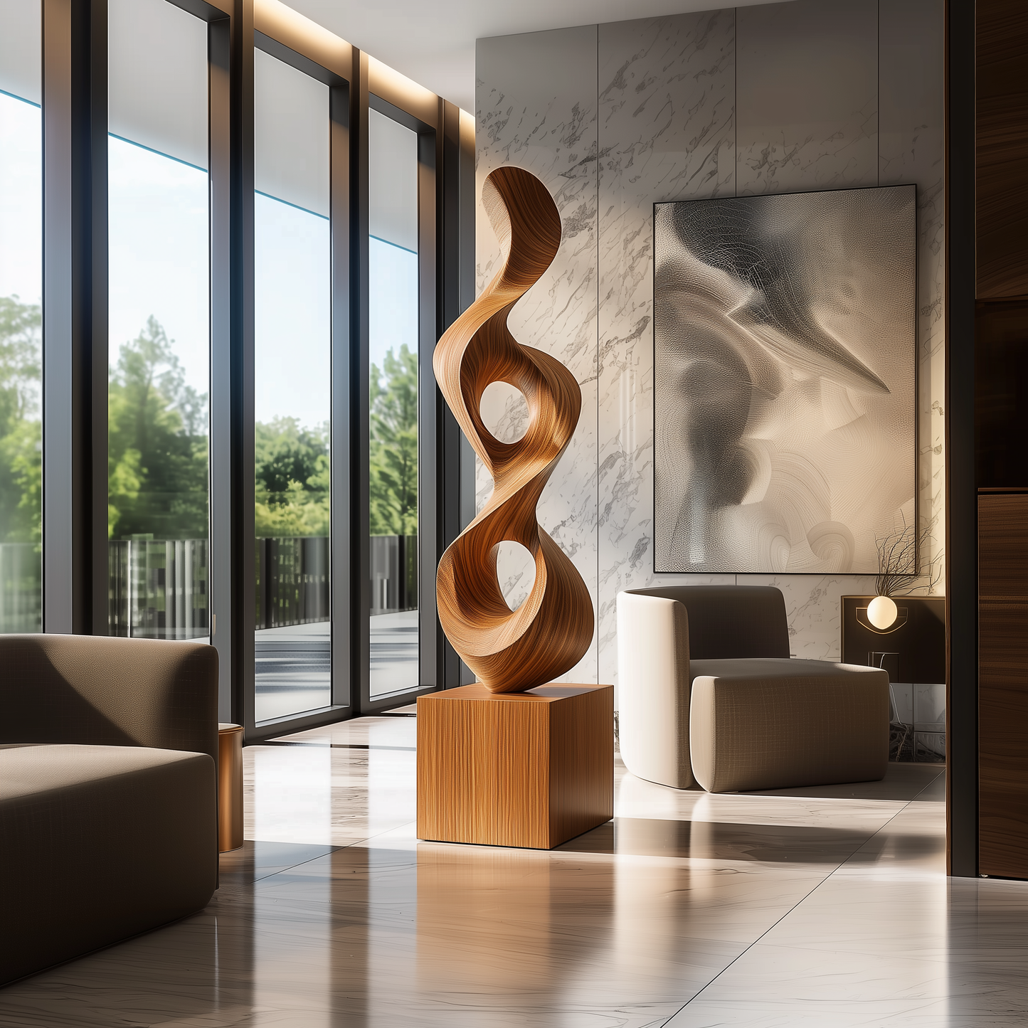 Luxury Hand Carved Wooden Infinity Sculpture, Tall Abstract Spiral Wood Art, Modern Statement Floor Decor, Solid Wood Contemporary Sculpture