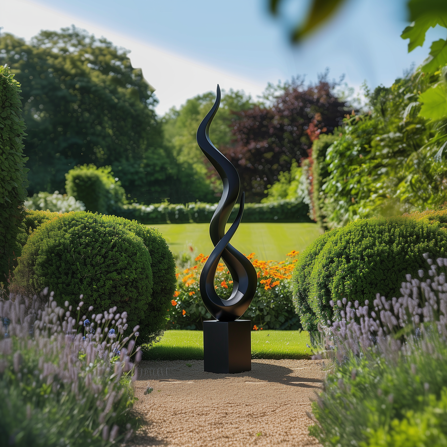 Tall Black Abstract Flame Twist Sculpture, Modern Infinity Outdoor Garden Art, Luxury Statement Yard Decor, Contemporary Floor Sculpture