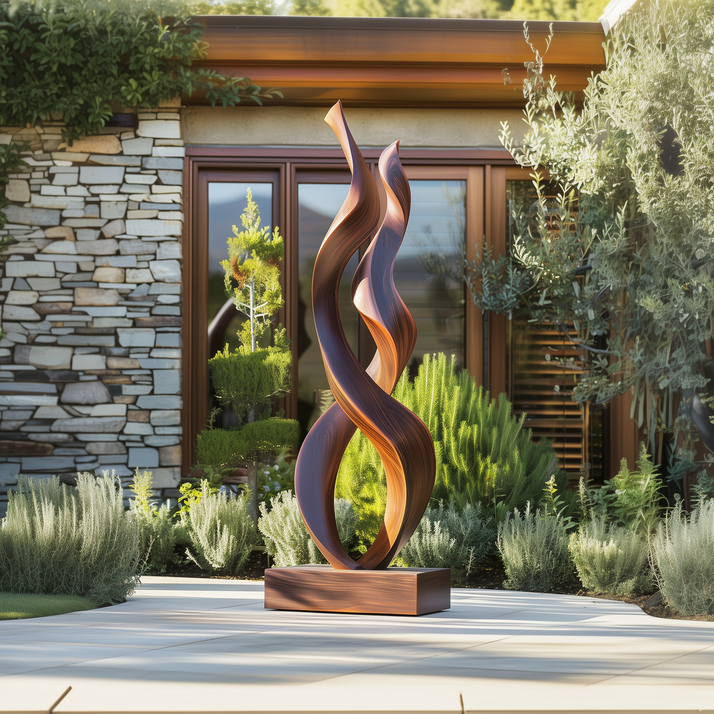 Tall Double Twist Wooden Sculpture – Handmade Modern Abstract Intertwined Design | Solid Wood with Polished Grain Outdoor Garden Decor
